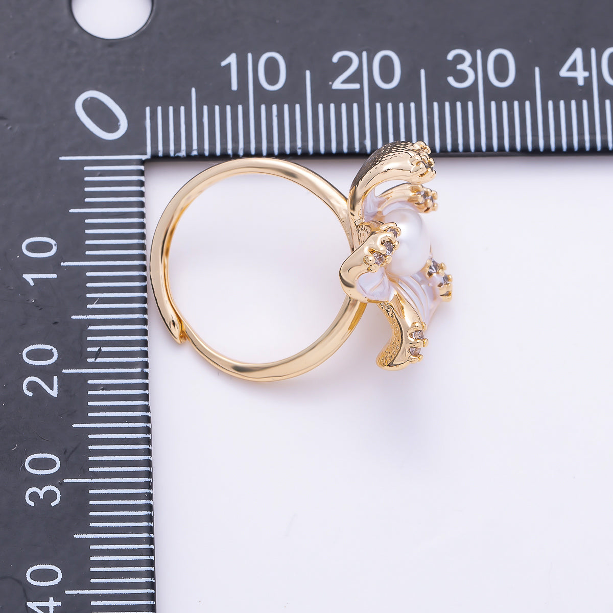 18K Gold Filled Shell Pearl Micro Paved CZ Enamel Flower Ring | Rings-00286