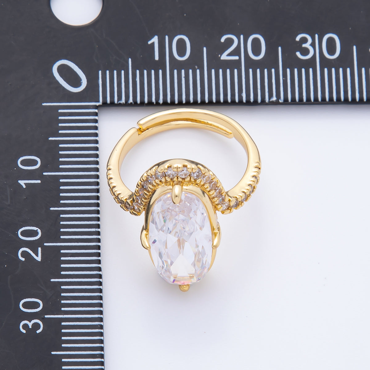 18K Gold Filled Clear Oval Micro Paved CZ Solitaire Band Adjustable Ring | O006