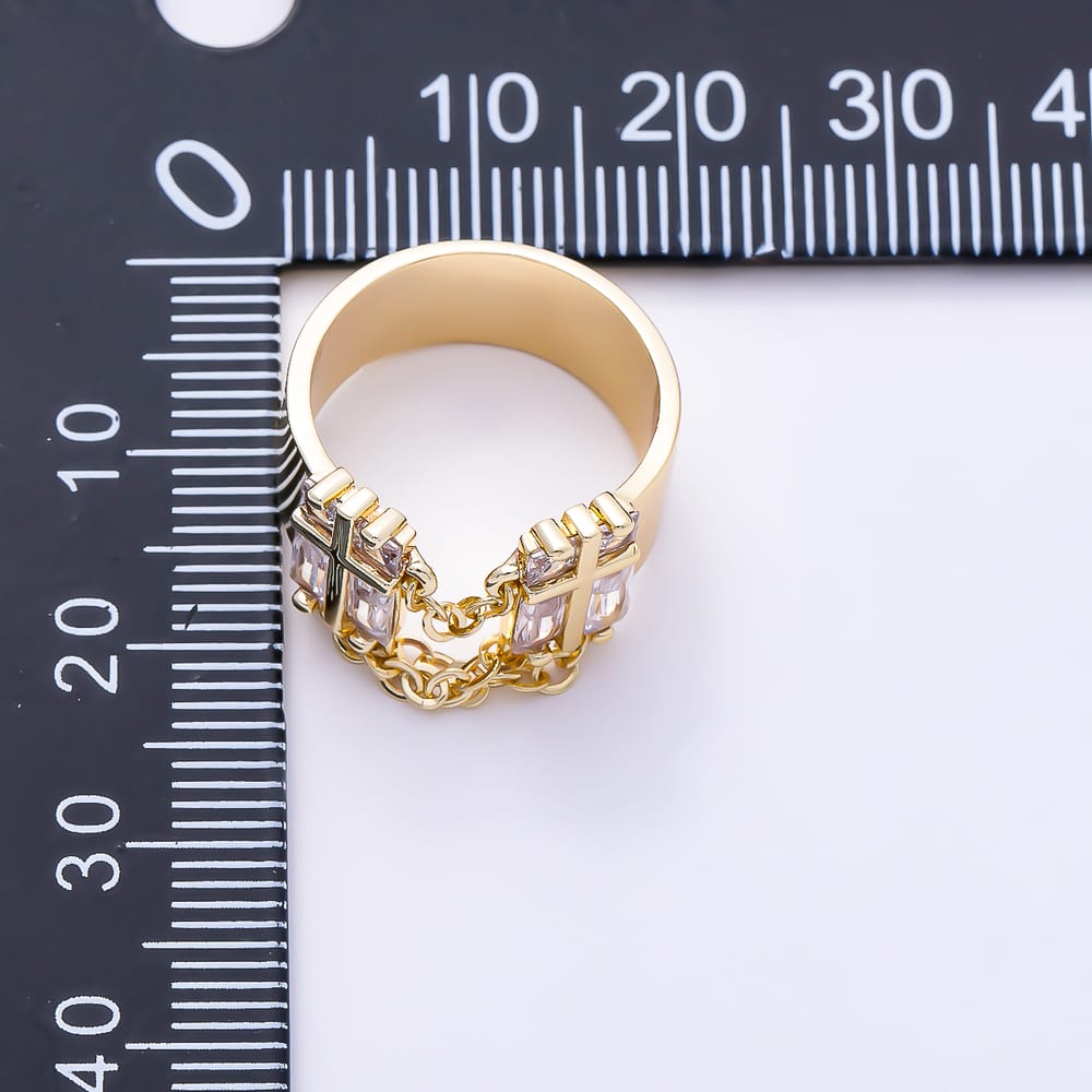 16K Gold Filled Clear Baguette CZ Open Front Double Cross Ring | Rings-00406