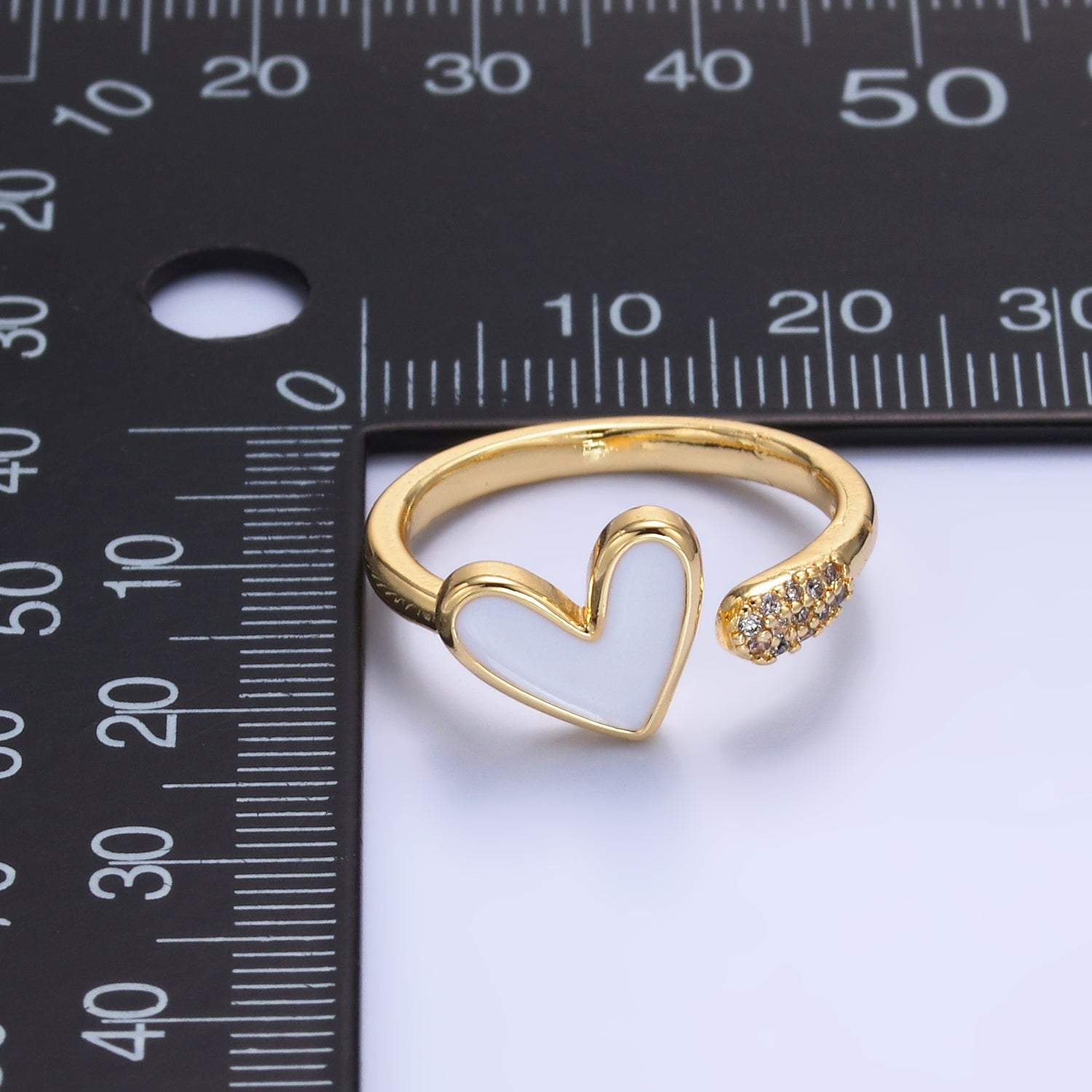 24K Gold Filled Heart White Enamel Micro Paved CZ Wrap Ring | O729