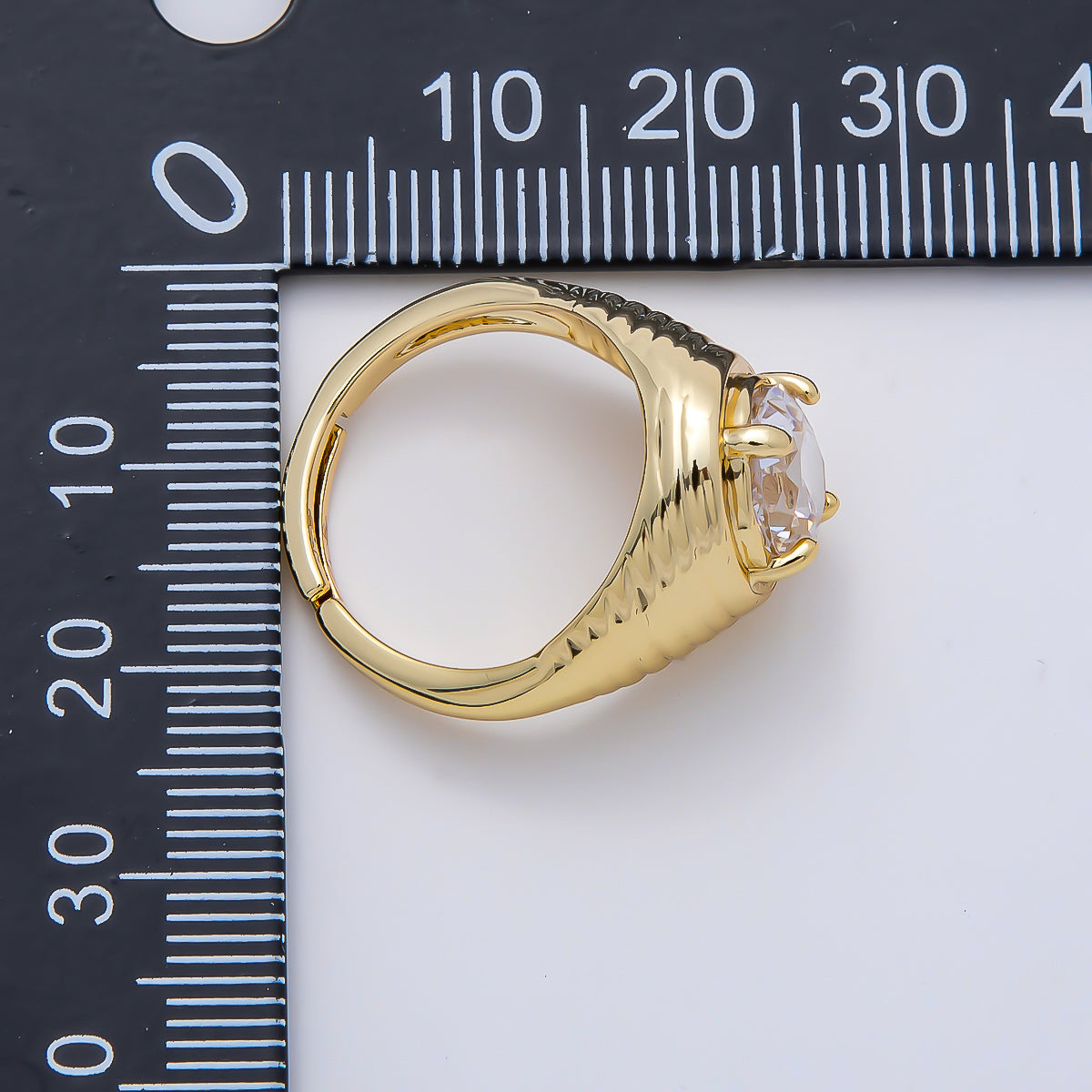 16K Gold Filled Clear CZ Round Solitaire Ribbed Signet Ring | Rings-00169