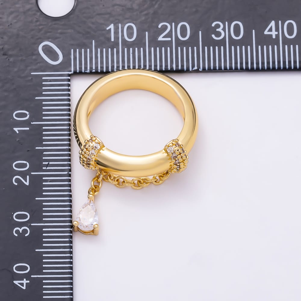 16K Gold Filled Clear Teardrop Charm Double Micro Paved CZ Chain Ring | Rings-00426
