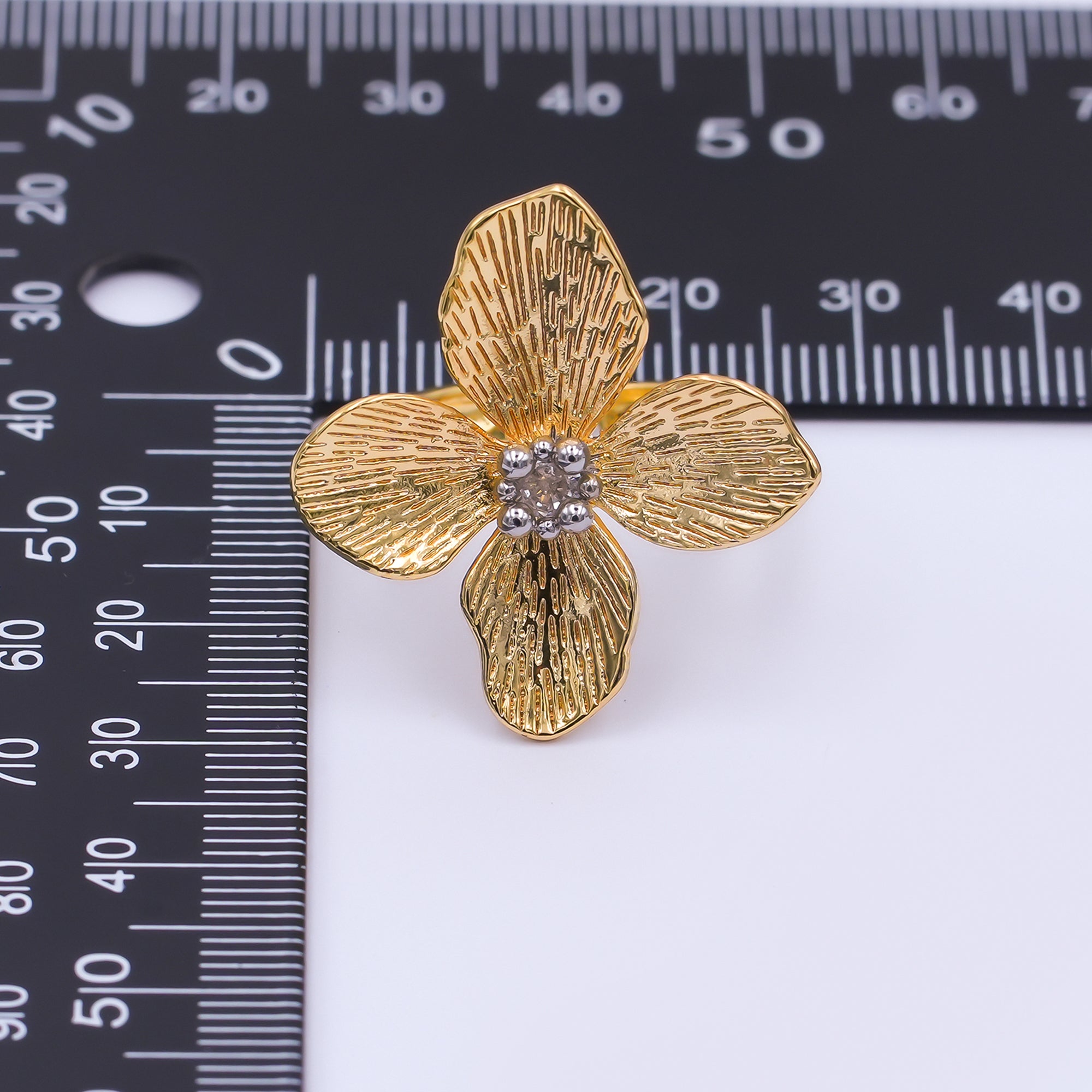 14K Gold Filled Clear CZ Line-Textured Flower Ring | O996