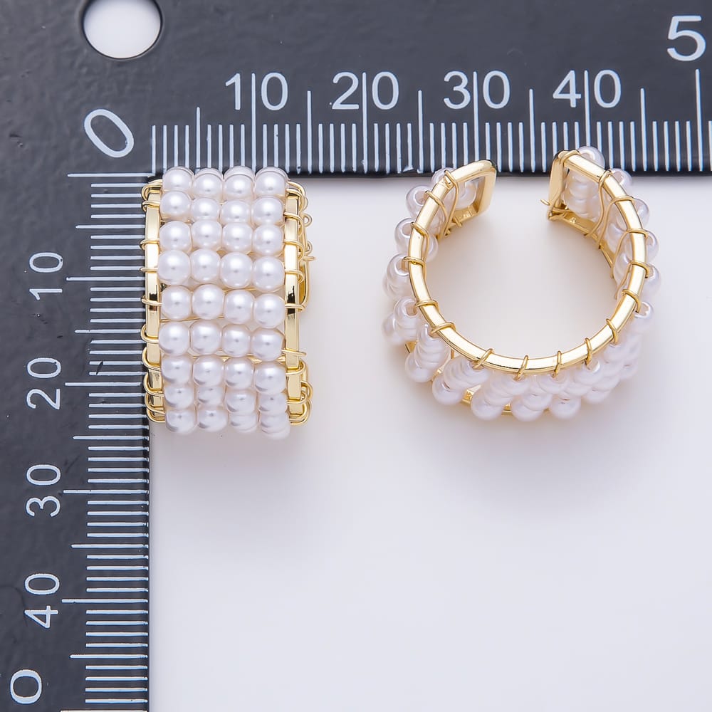 16K Gold Filled White Shell Pearl Wide Wire Wrapped Multi-Row Adjustable Ring | Rings-00415