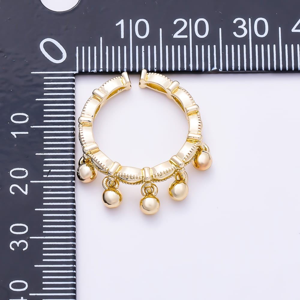 16K Gold Filled Beaded Edge Open Ring Hanging Ball Adjustable Ring | Rings-00410