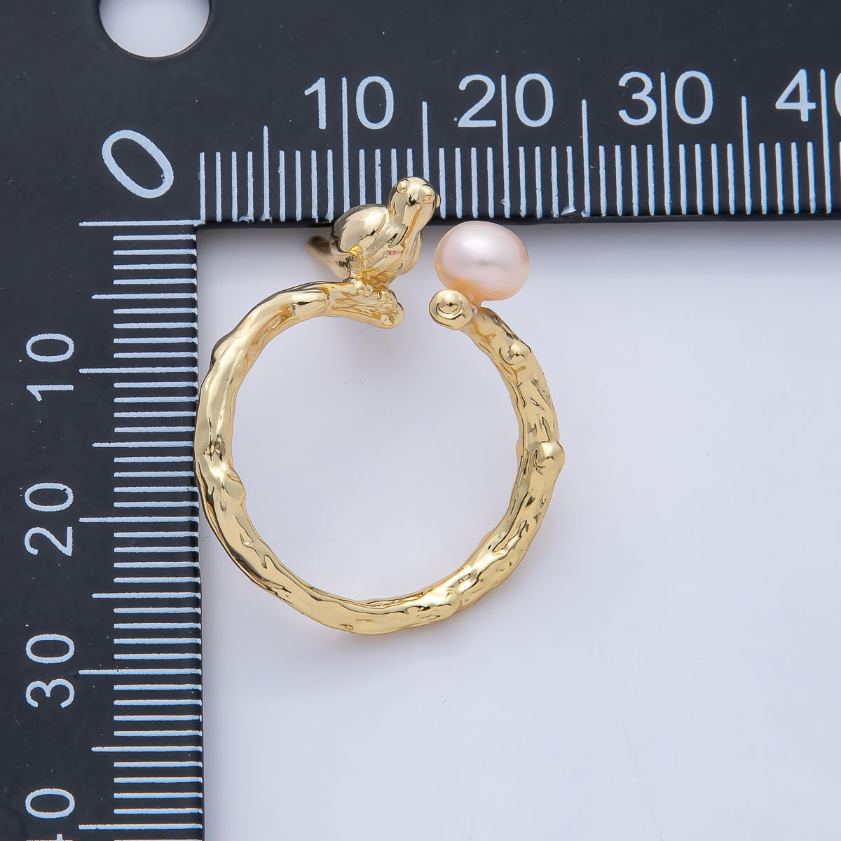 18K Gold Filled Bird on a Branch with Champagne and White Shell Pearl Nature Inspired Animal Adjustable Ring | O798