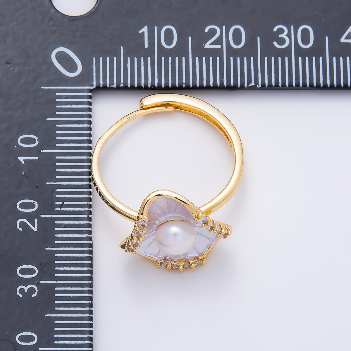 18K Gold Filled Micro Paved CZ Shell Pearl Scallop Sea Ring | Rings-00287