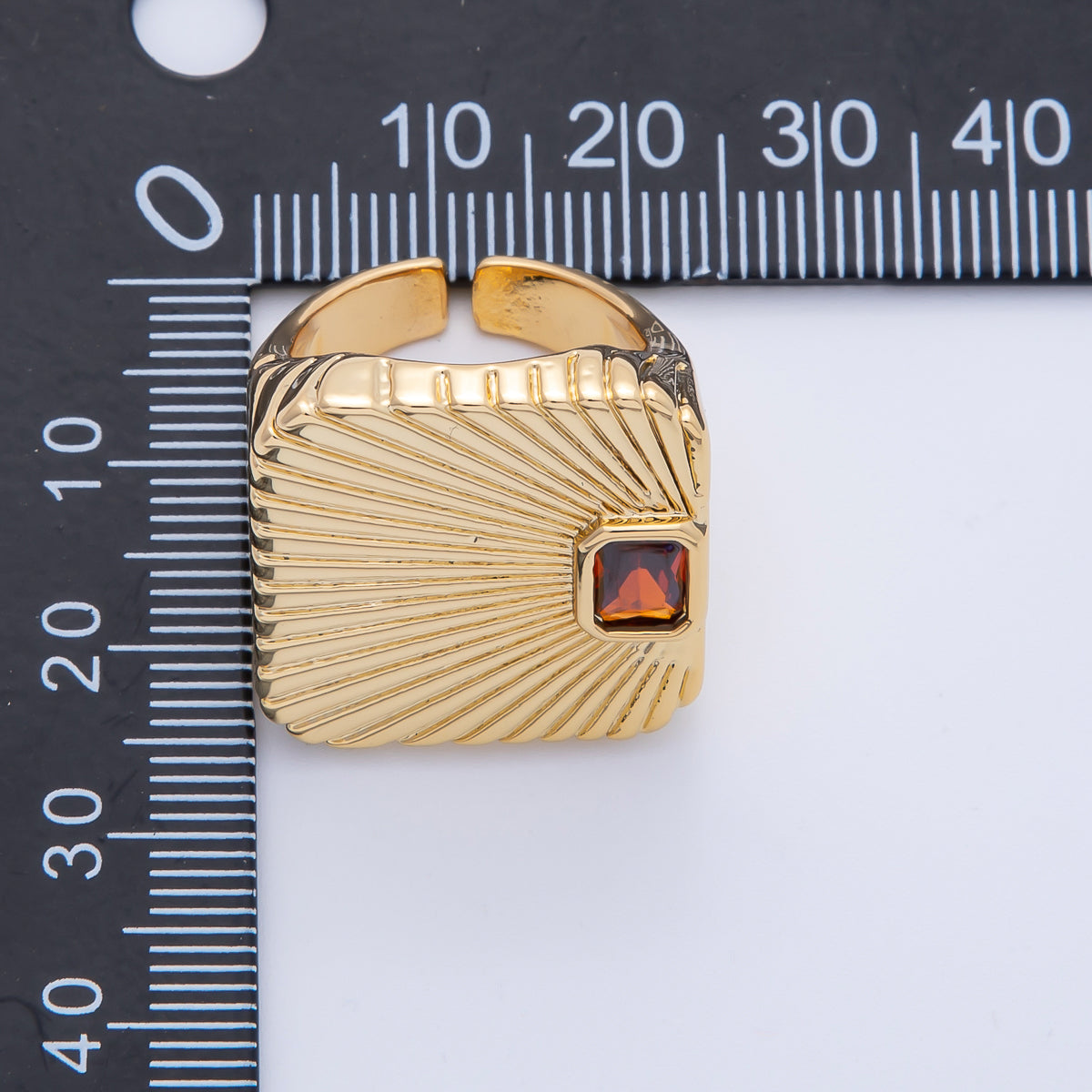 18K Gold Filled Green, Red, Clear Fuchsia Baguette CZ Sunburst Ribbed Signet Ring | O801 O802