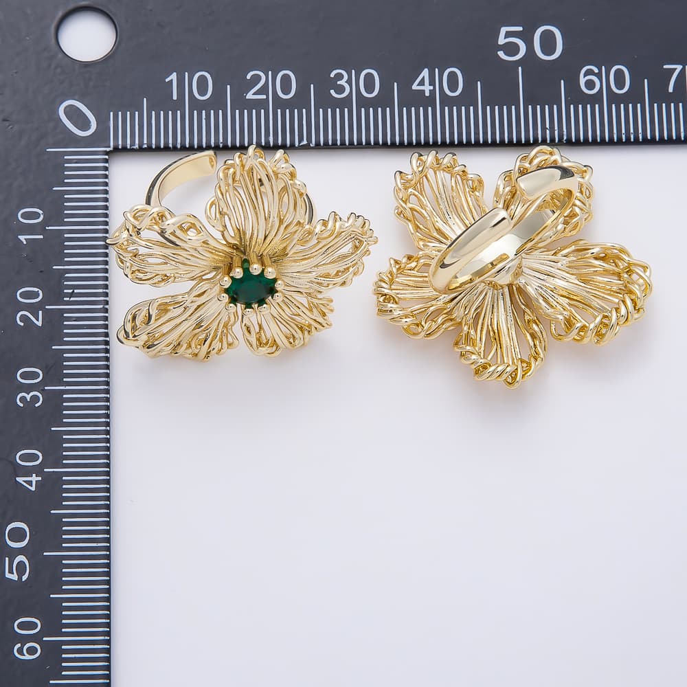 16K Gold Filled Green, Blue CZ Hollow Wire Filigree Flower Statement Adjustable Ring | Rings-00412 - Rings-00413