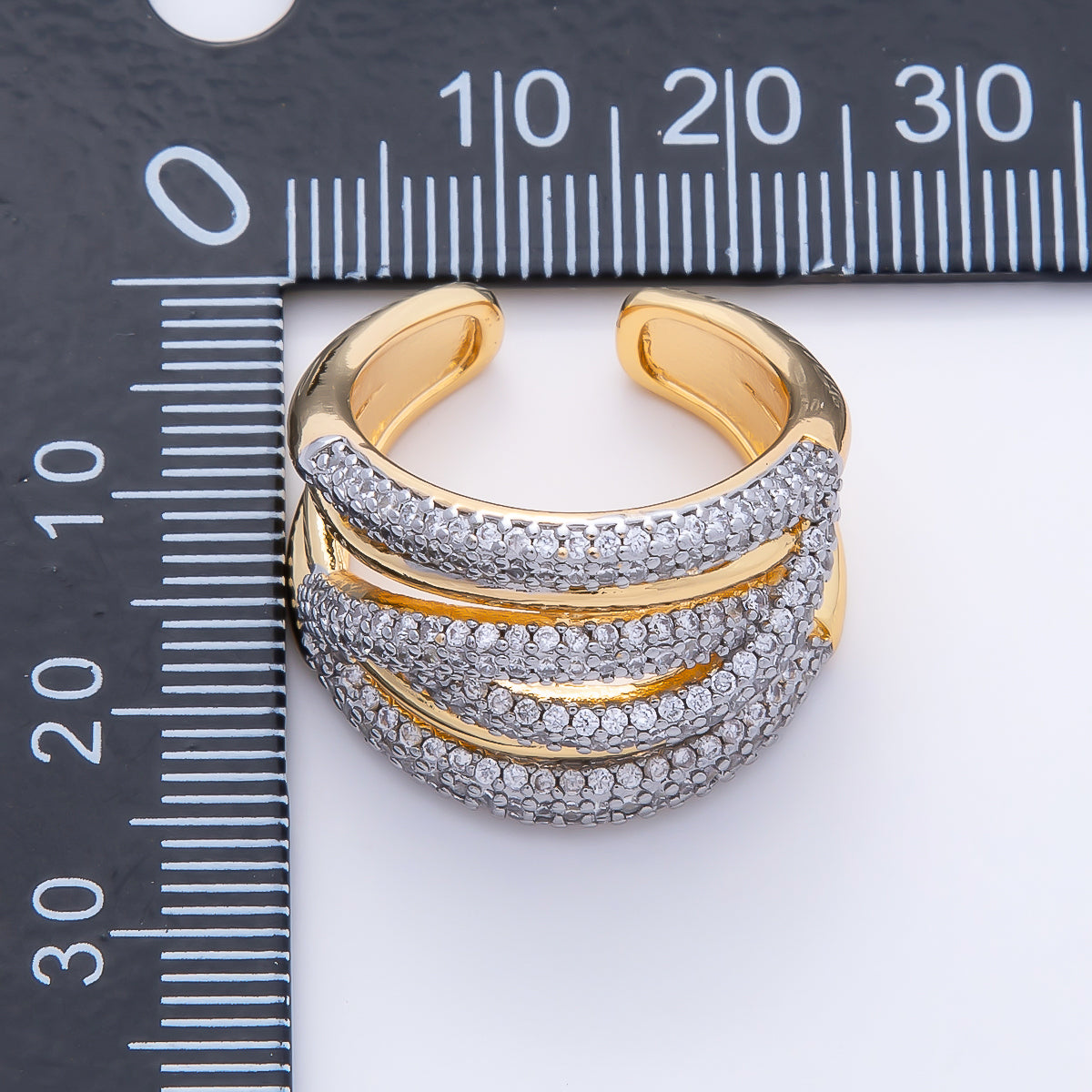 16K Gold Filled Micro Paved CZ Mixed Metal Wide Multiband Ring | Rings-00266