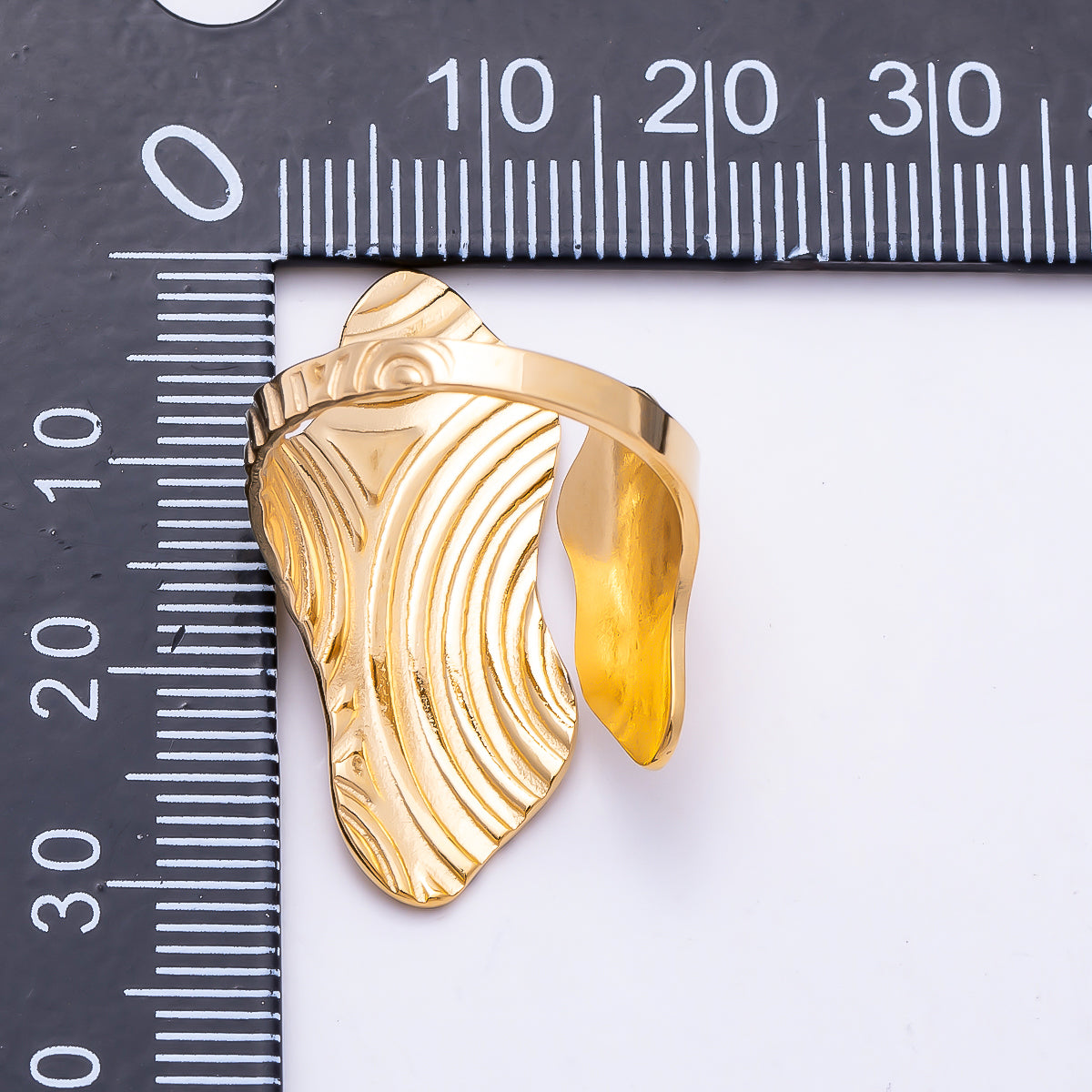 PVD Gold Stainless Steel Round Line Wavy Textured Geometric Wrap Ring | Rings-00314