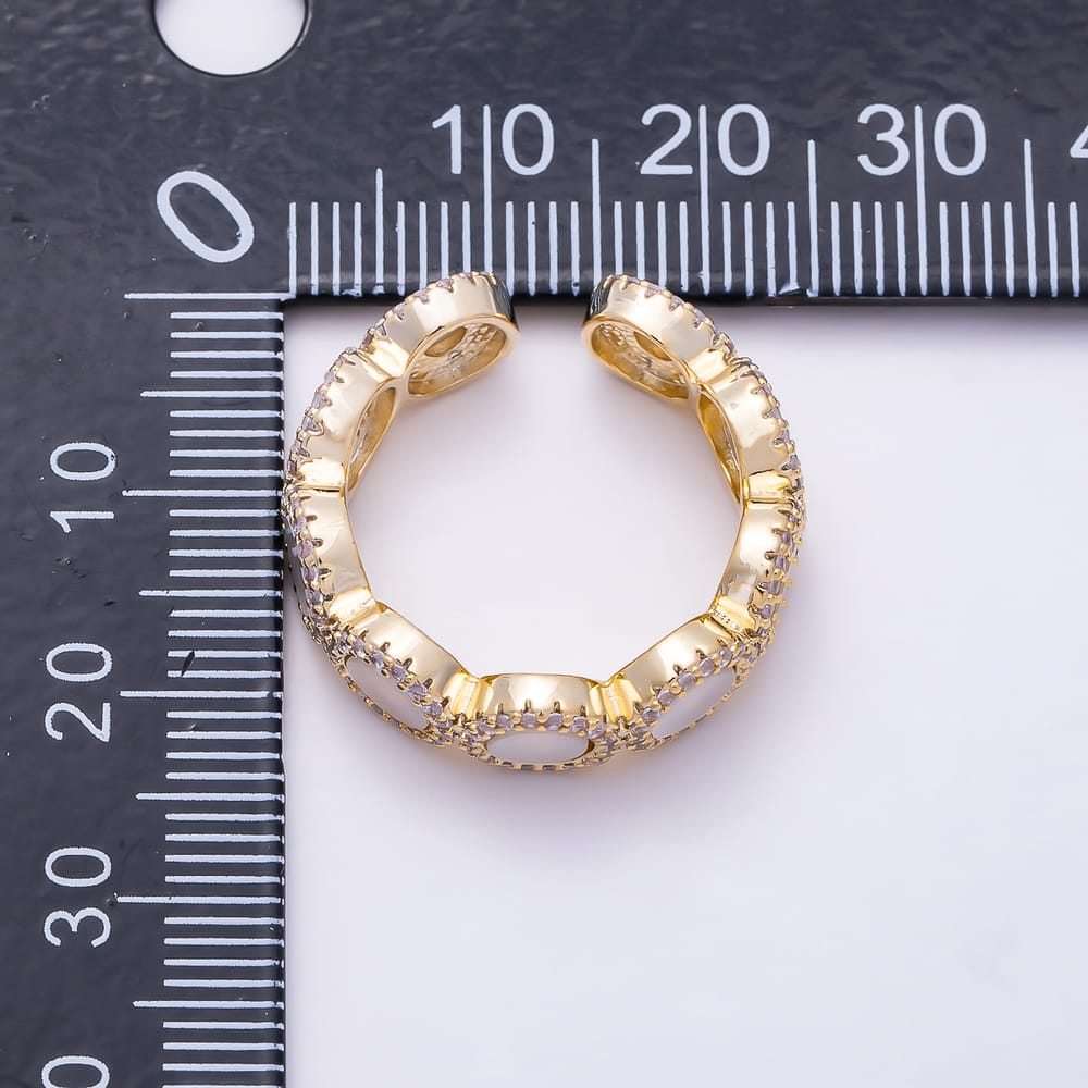 16K Gold Filled White Mother of Pearl Micro Paved CZ Open Band Adjustable Ring | Rings-00399 - Rings-00400