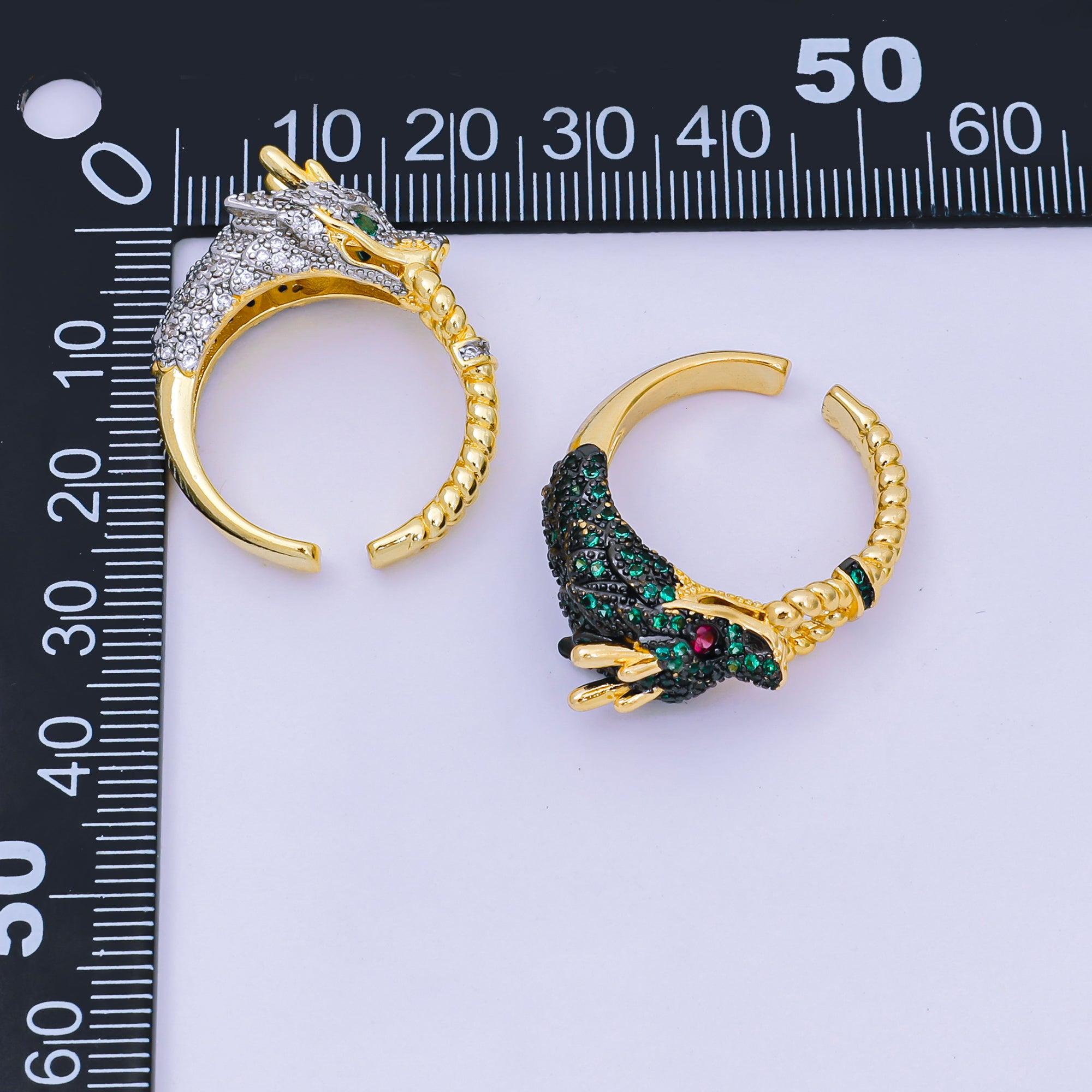 24K Gold Filled Red & Green Micro Paved CZ Enamel Art Mythical Dragon Adjustable Ring in Black & Grey | O-1489 O-1490