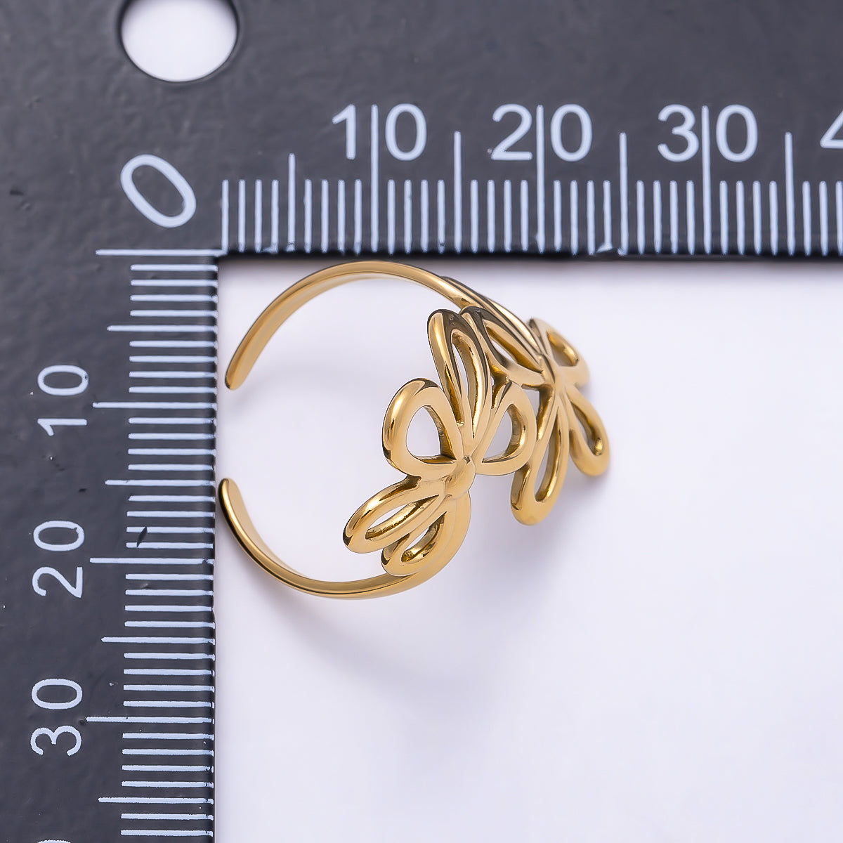 PVD Gold Stainless Steel Double Minimalist Open Bezel Flower Ring | Rings-00326
