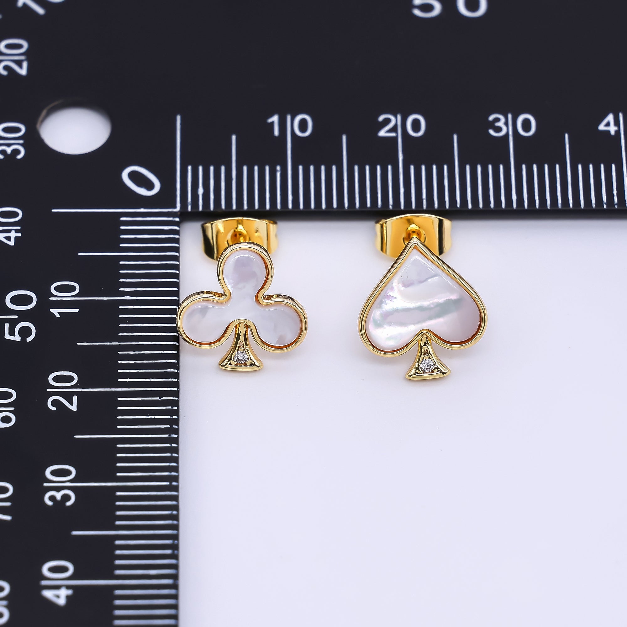 24K Gold Filled Shell Pearl Spades & Clubs Card Mis Matched Stud Earrings | Q-346