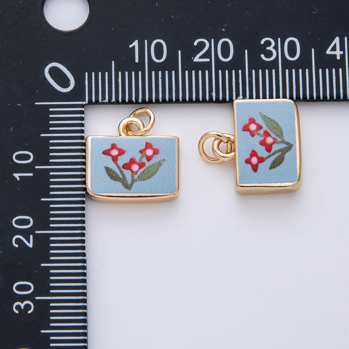 18K Gold Filled 13mm Red Flower Blue Rectangular Charm | AF1609