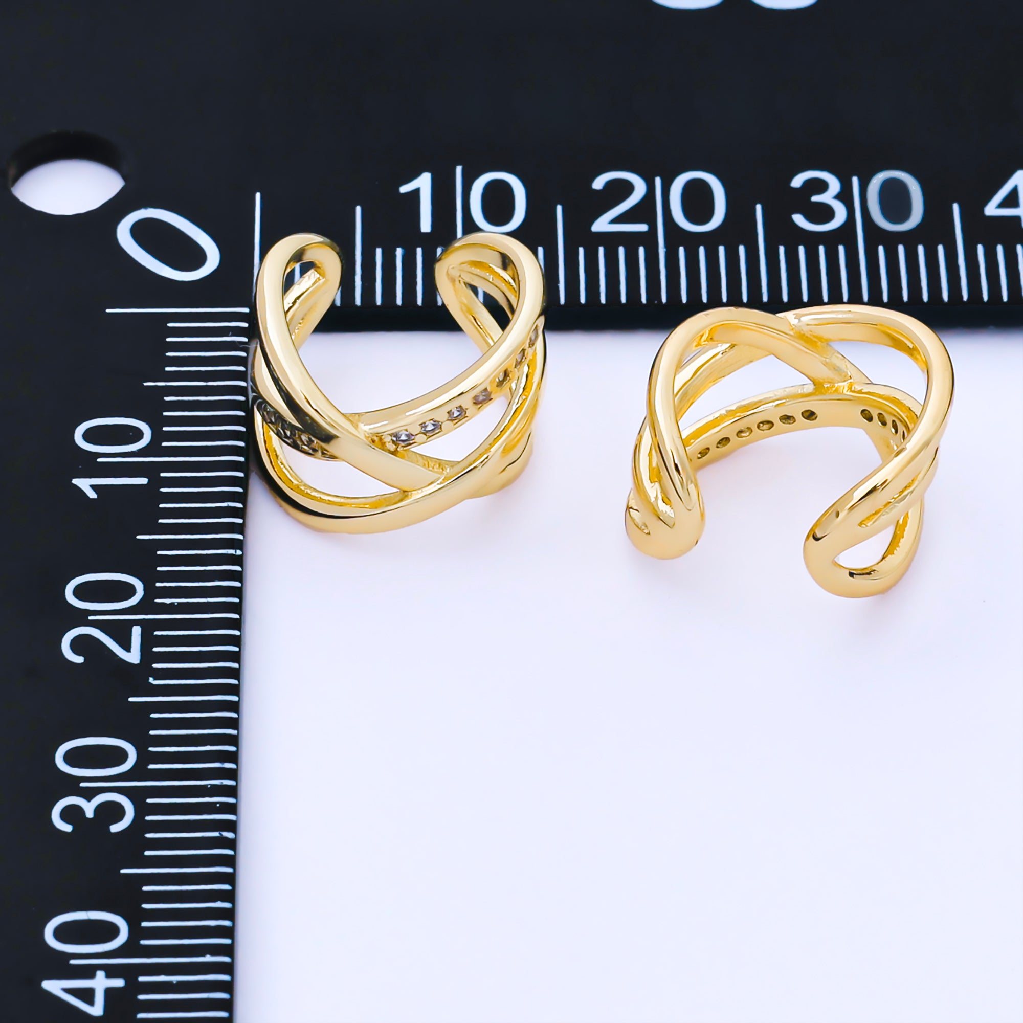 24K Gold Filled 14mm Micro Paved CZ Crossed Multiple Band Ear Cuff Earrings | AI186