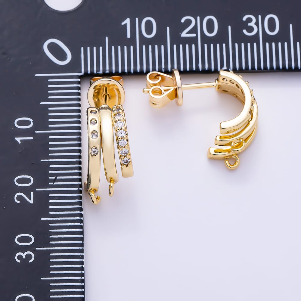 16K Gold Filled 18mm Micro Paved CZ Dotted Open Loop Triple Drop C-Shaped Earring Findings in Gold & Silver | Findings-00596 Findings-00597