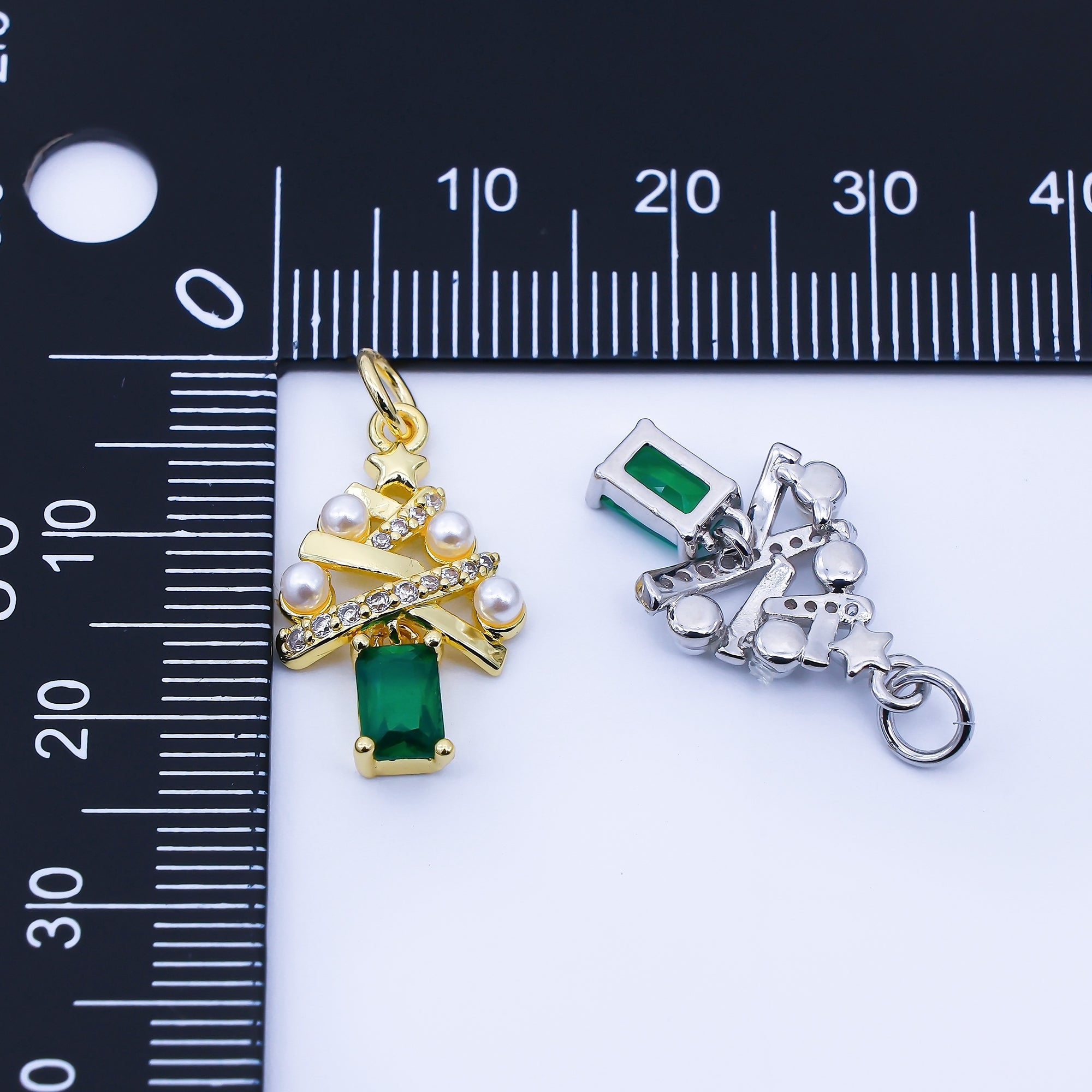24K Gold Filled Green Baguette CZ Micro Paved Shell Pearl Christmas Tree Charm in Gold & Silver | C940
