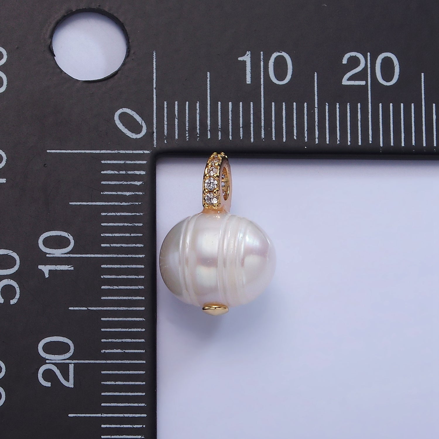 14K Gold Filled Ringed Button Freshwater Pearl Micro Paved CZ Bail Drop Pendant | P1708 - DLUXCA