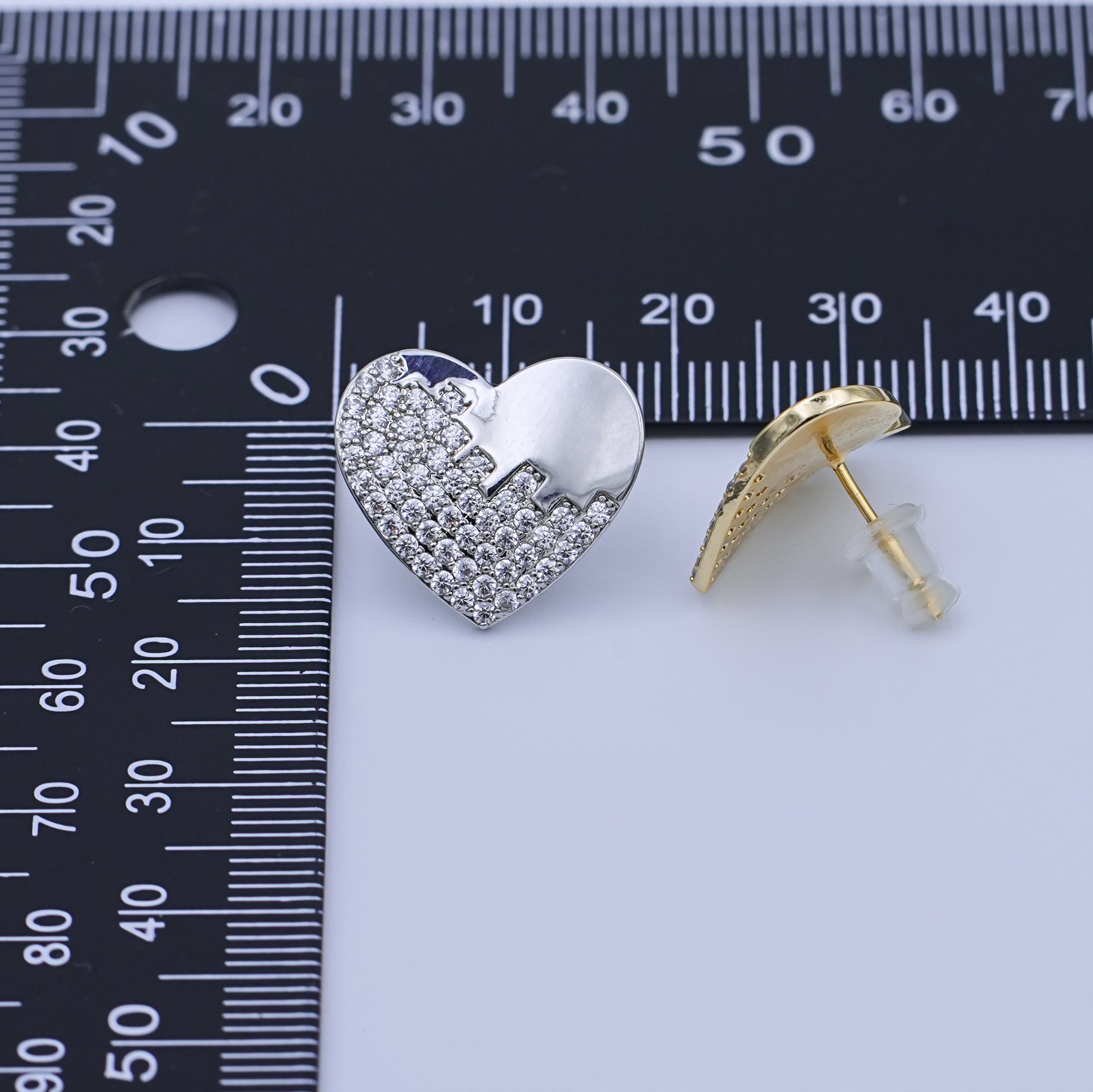 Micro Paved CZ Heart Stud Earrings Set in Gold & Silver | V534