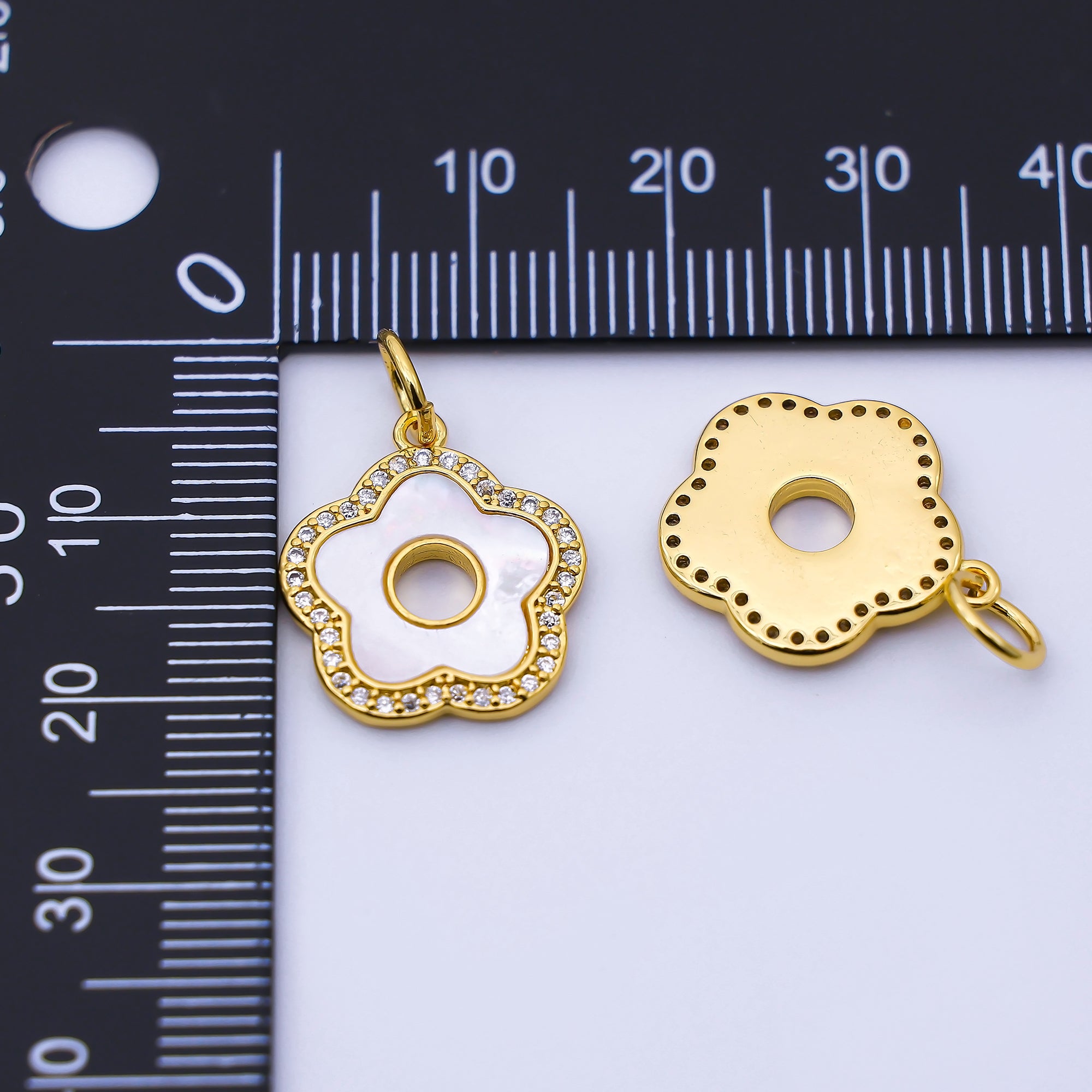 24K Gold Filled 17mm Open Shell Pearl Micro Paved CZ Flower Charm | C972
