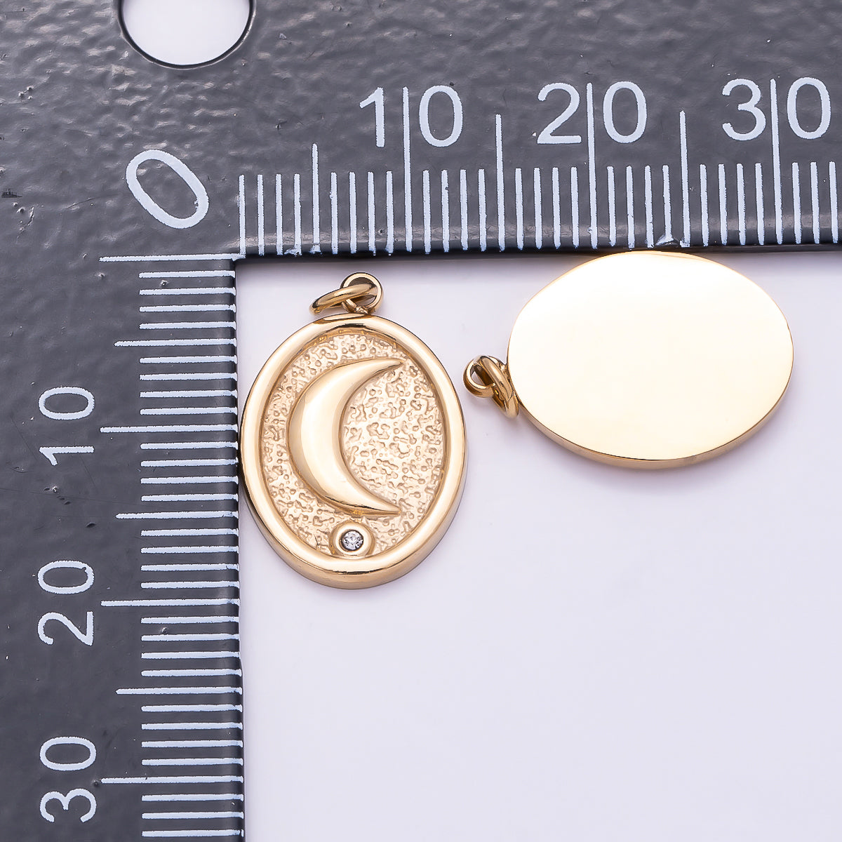 PVD Gold Stainless Steel 18mm Clear CZ Celestial Moon Textured Oval Charm | Charms-01027