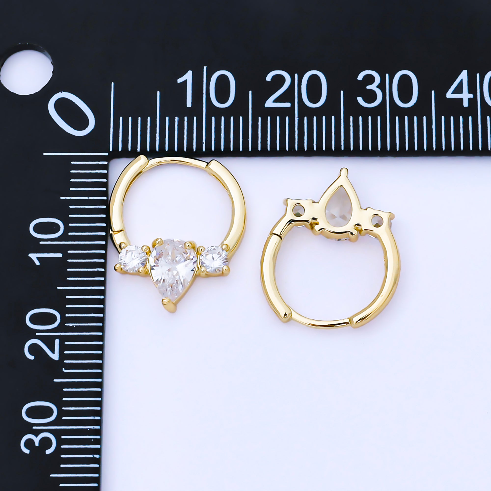 24K Gold Filled 15mm Clear CZ Three CZ Sideways Cluster Huggie Earrings | AB1624
