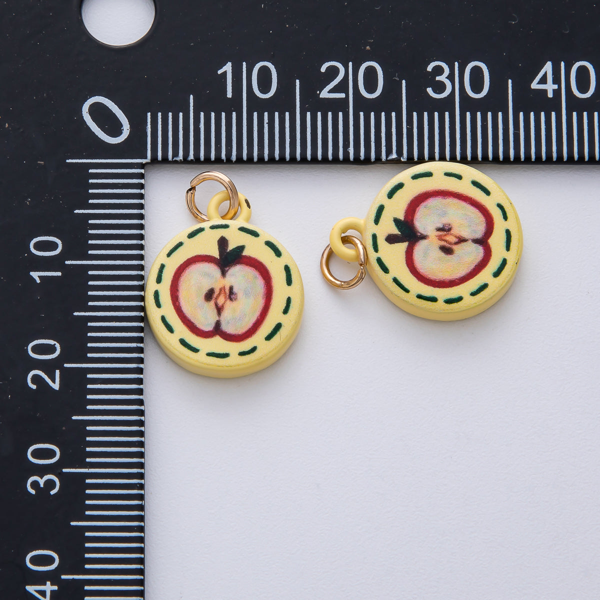 18K Gold Filled 18mm Apple Slice Fruit Yellow Enamel Round Charm | AF1616