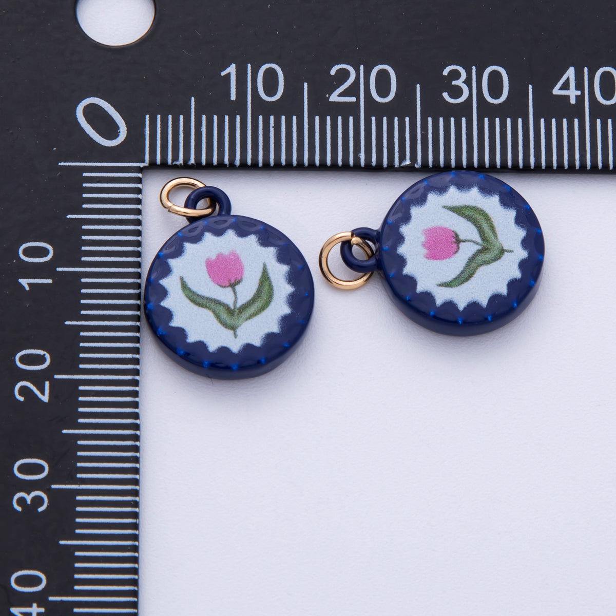 18K Gold Filled 18mm Pink Rose Flower Blue Round Charm | AF1615