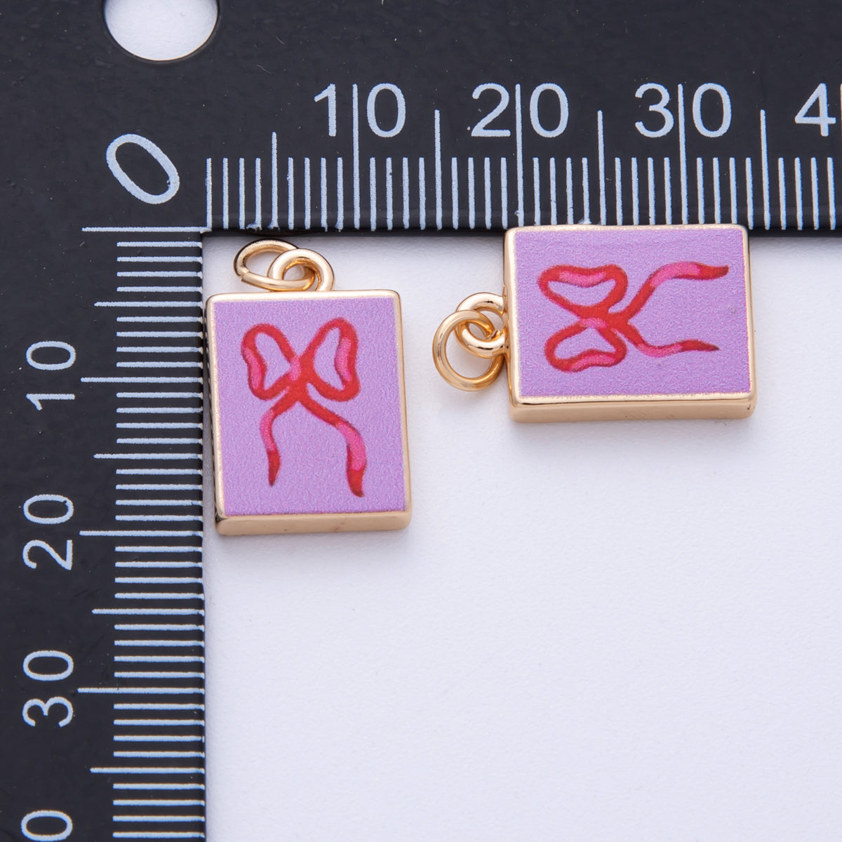 18K Gold Filled 18.2mm Ribbon Bow Pink Rectangle Charm | AF1599