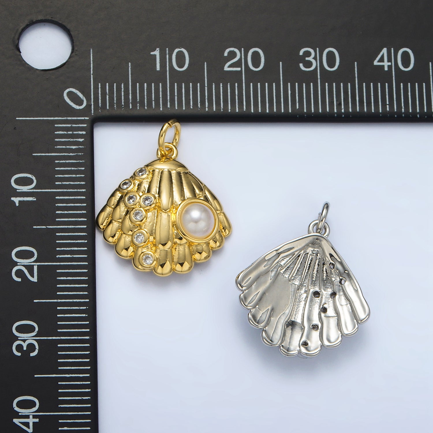 24K Gold Filled 19mm Shell Pearl CZ Dotted Clam Sea Shell Charm in Gold & Silver | AG866