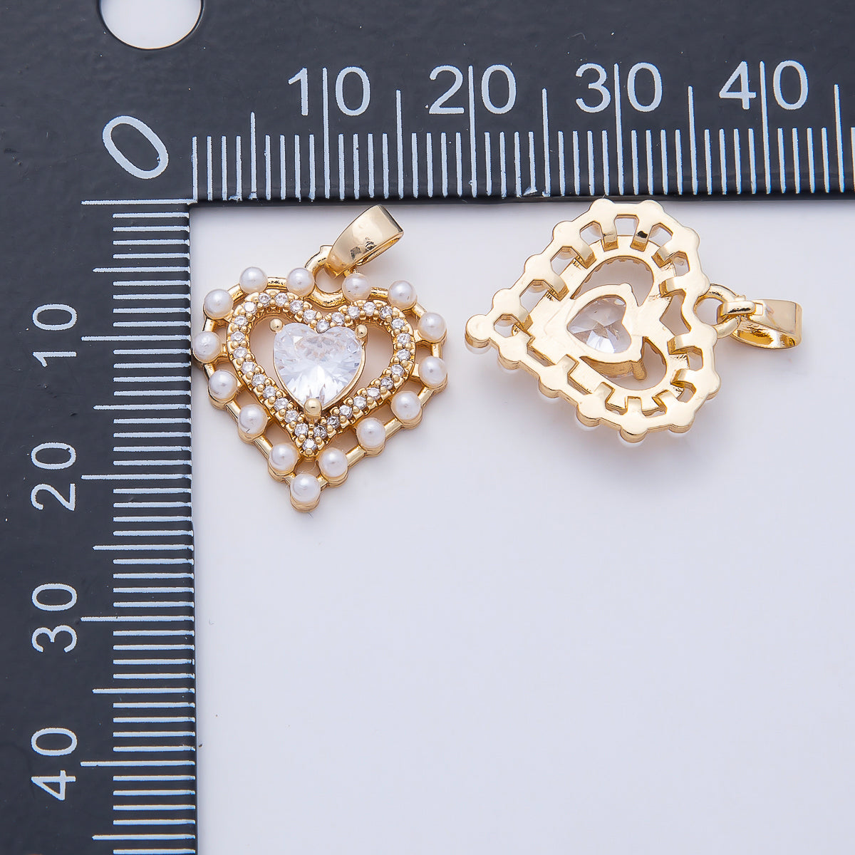 16K Gold Filled 19mm Shell Pearl Clear CZ Micro Paved Open Heart Pendant | Charms-01054