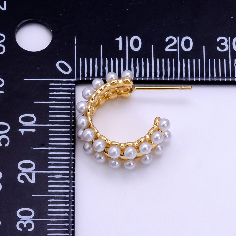 16K Gold Filled 20mm Shell Pearl Round Beaded Triple Band C-Shaped Hoop Earrings