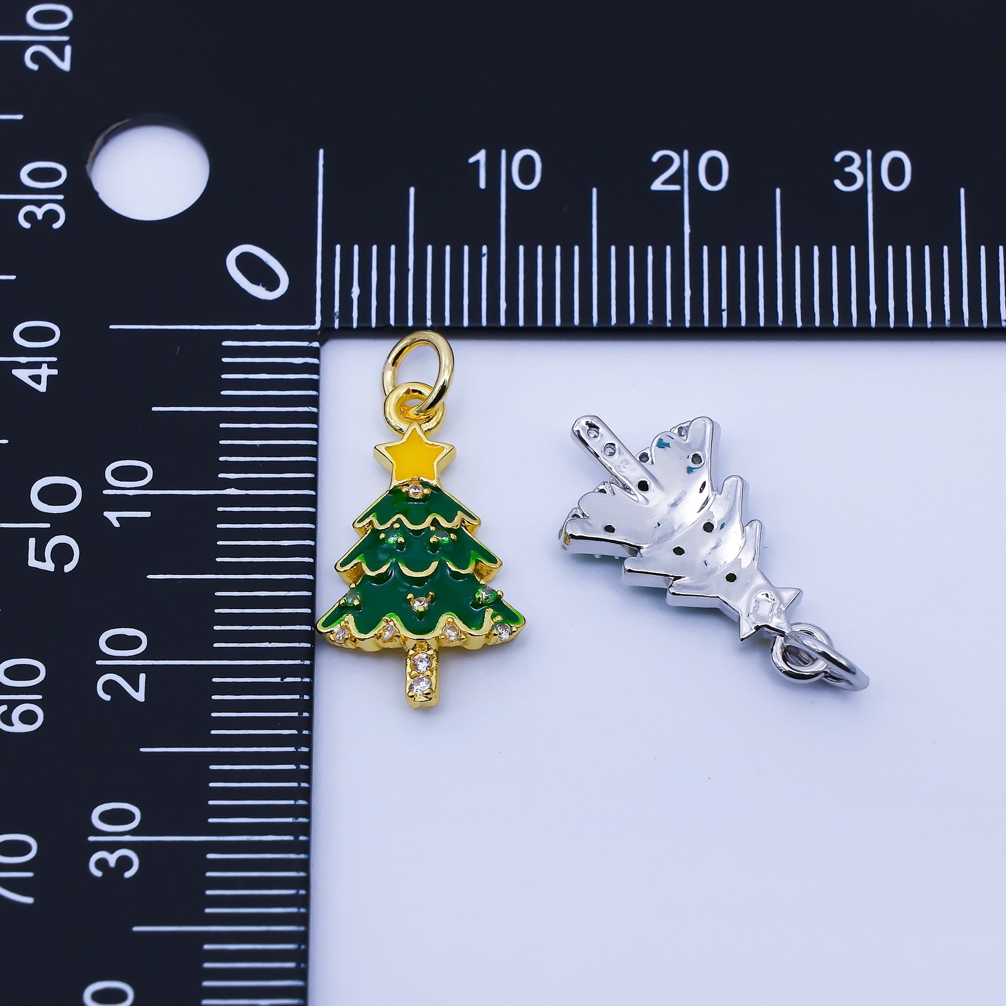 24K Gold Filled Clear CZ Green Enamel Christmas Tree Charm in Gold & Silver | C938
