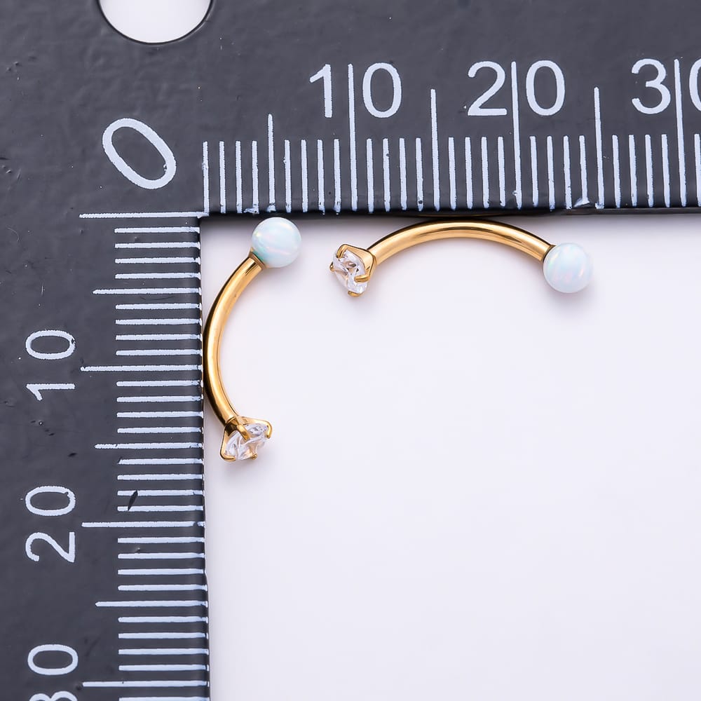 Titanium 3mm White Opal CZ Curved Eyebrow Barbell Piercing Stud in Gold & Silver | BJ-00295 BJ-00296