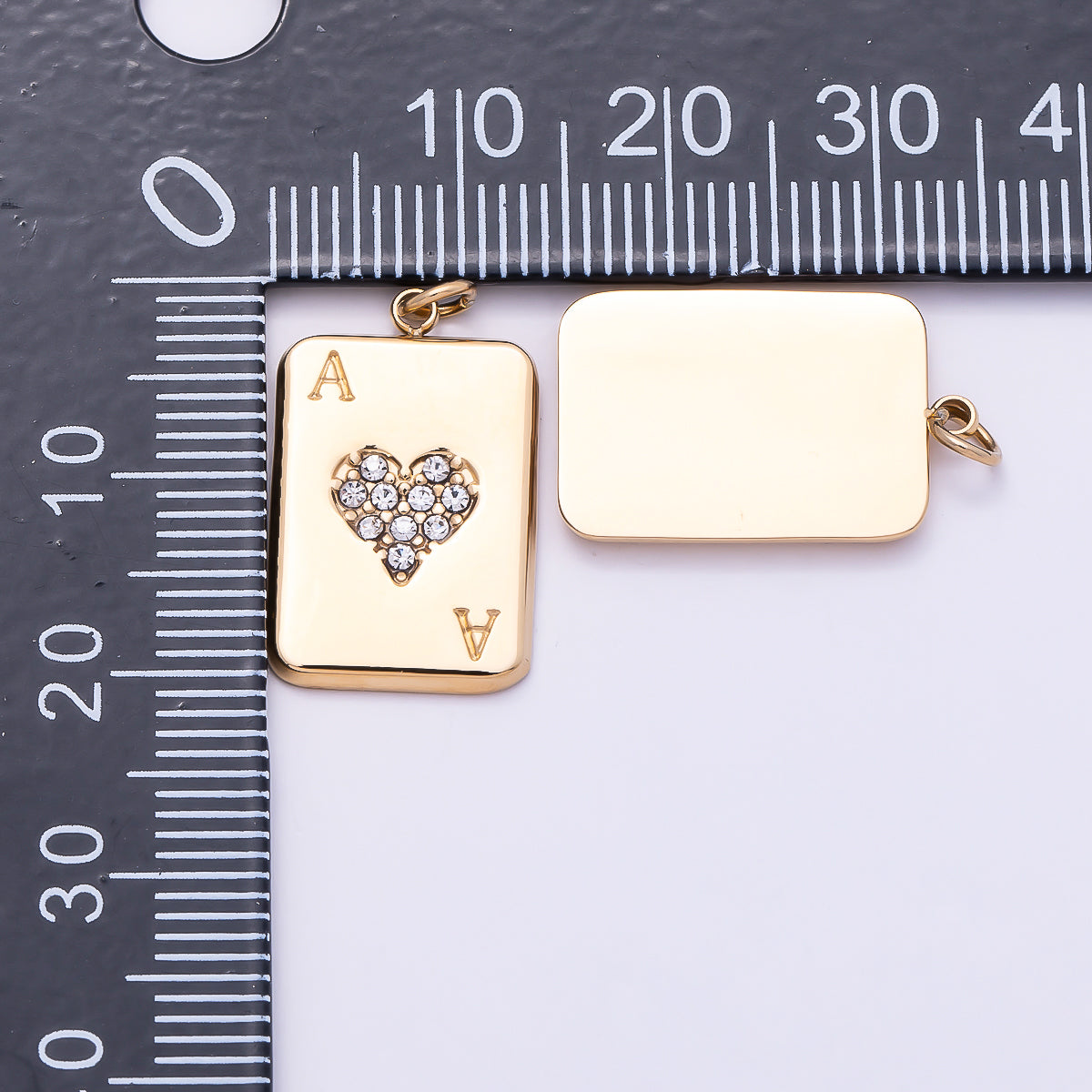 PVD Gold Stainless Steel 20mm Micro Paved CZ Ace of Heart Game Card Charm | Charms-01028