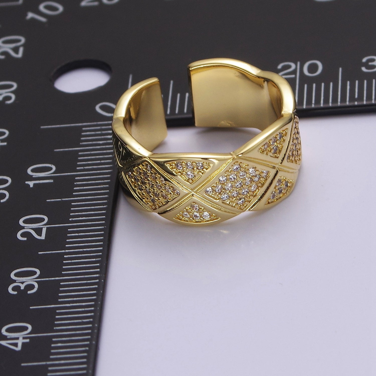 24K Gold Filled Micro Paved CZ X Lined Crossed Wide Band Ring | O2041
