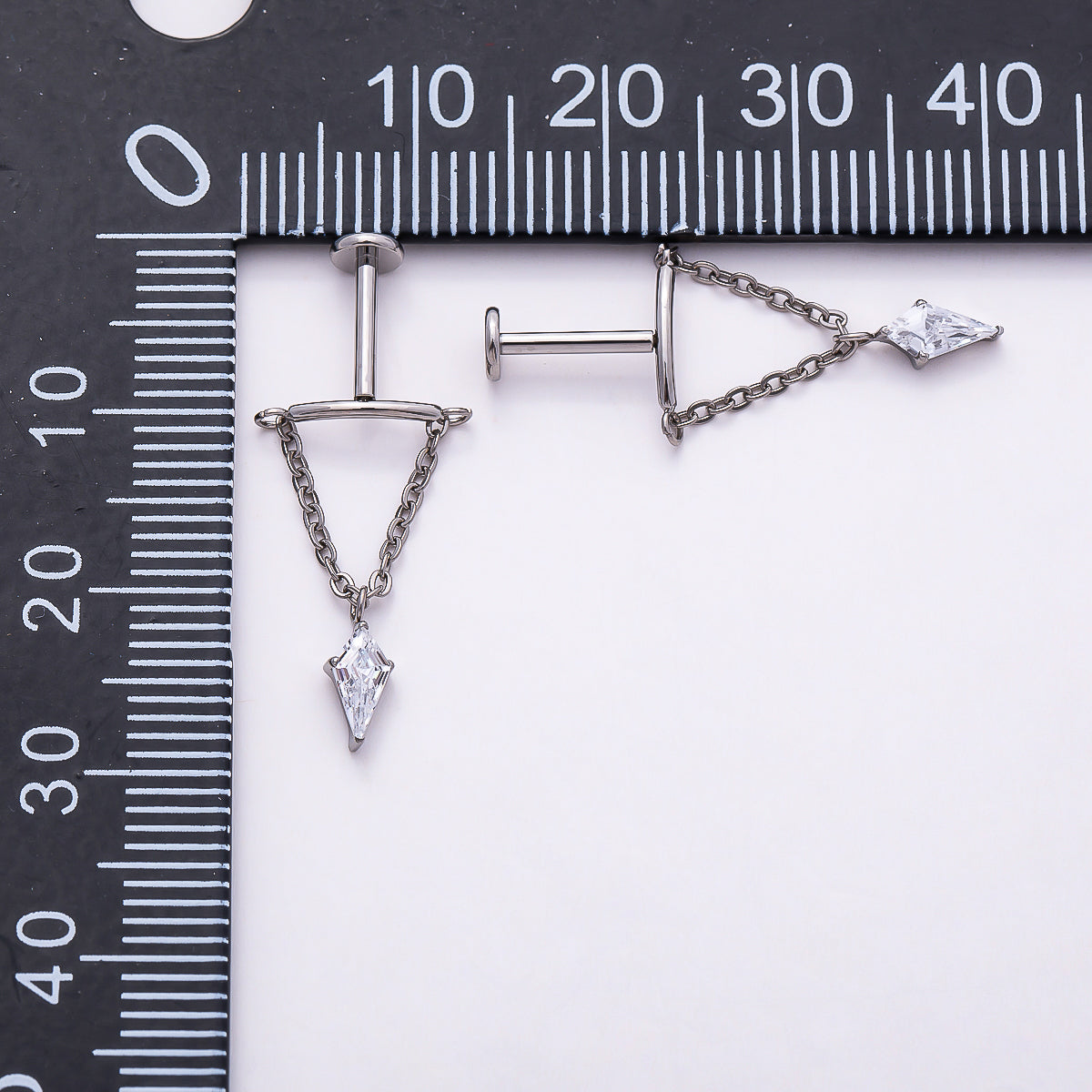 Titanium 20mm Clear CZ Kite Curved Chain Drop Cartilage Piercing Flat Back Stud in Gold & Silver | Findings-00329 Findings-00330