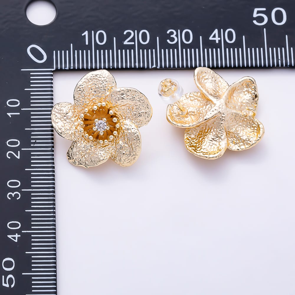 16K Gold Filled 23mm Clear CZ Textured 5-Petal Flower Blossom Stud Earring Findings | Findings-00586
