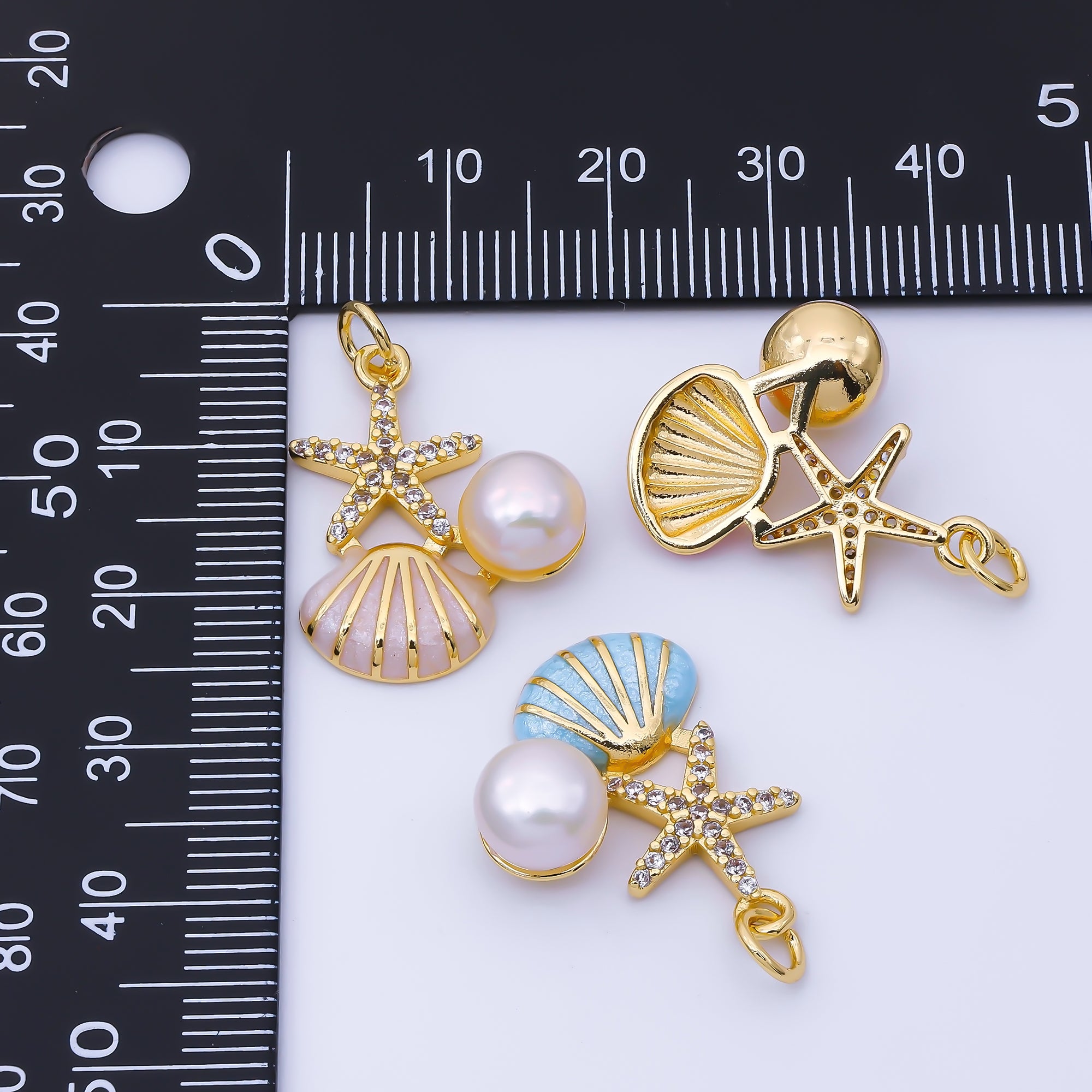 24K Gold Filled 23mm White, Pink, Blue Micro Paved CZ Shell Pearl Starfish Clam Seashell Charm | AF1588 AF1589