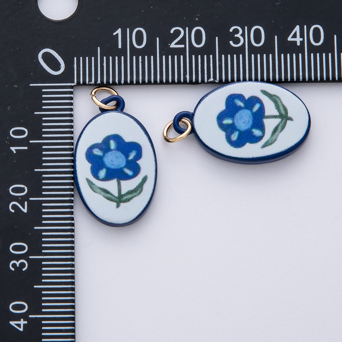 18K Gold Filled 23mm Blue Flower Oval Charm | AF1623