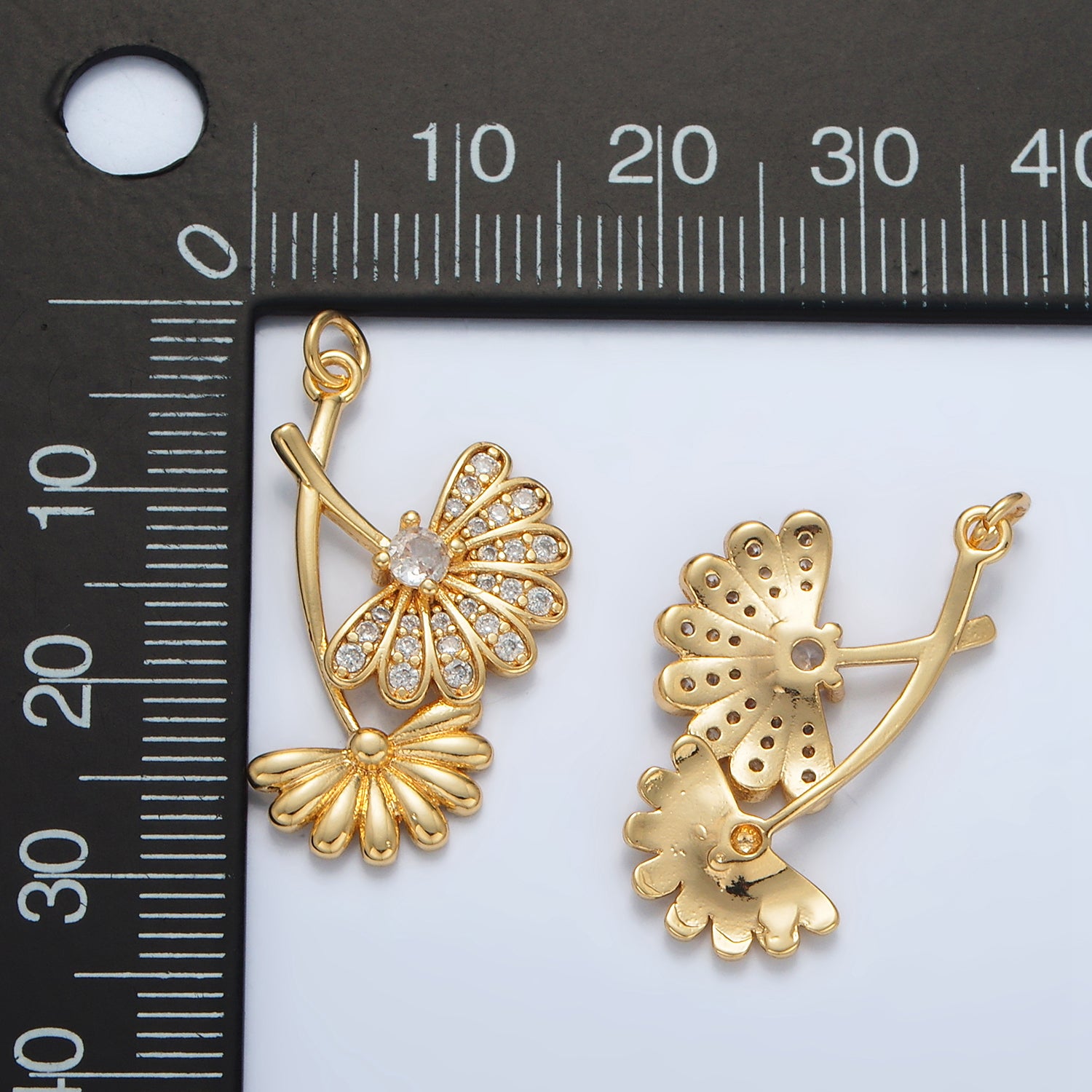 24K Gold Filled 25mm Micro Paved CZ Double Flower Plant Charm | AC140