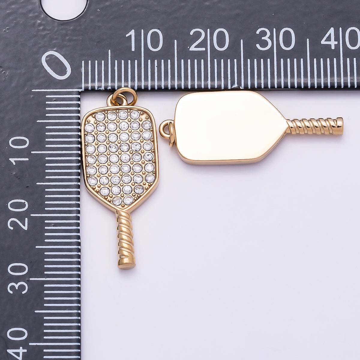 PVD Gold Stainless Steel 28mm Micro Paved CZ Racket Pickleball Paddle Sport Charm | Charms-01024