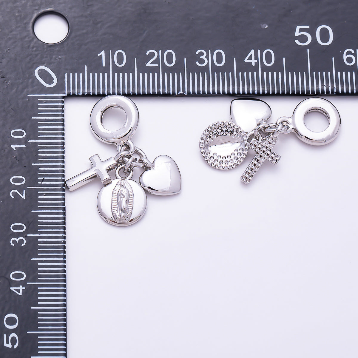 Silver 30mm Religious Heart Cross Mother Mary Medallion Latin Prayer Drop Rondelle Pendant | Charms-01979
