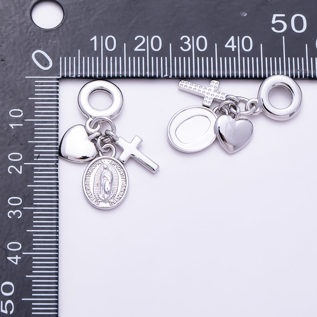Silver 32mm Religious Heart Cross Mother Mary Sunburst Latin Prayer Drop Rondelle Pendant | Charms-01978