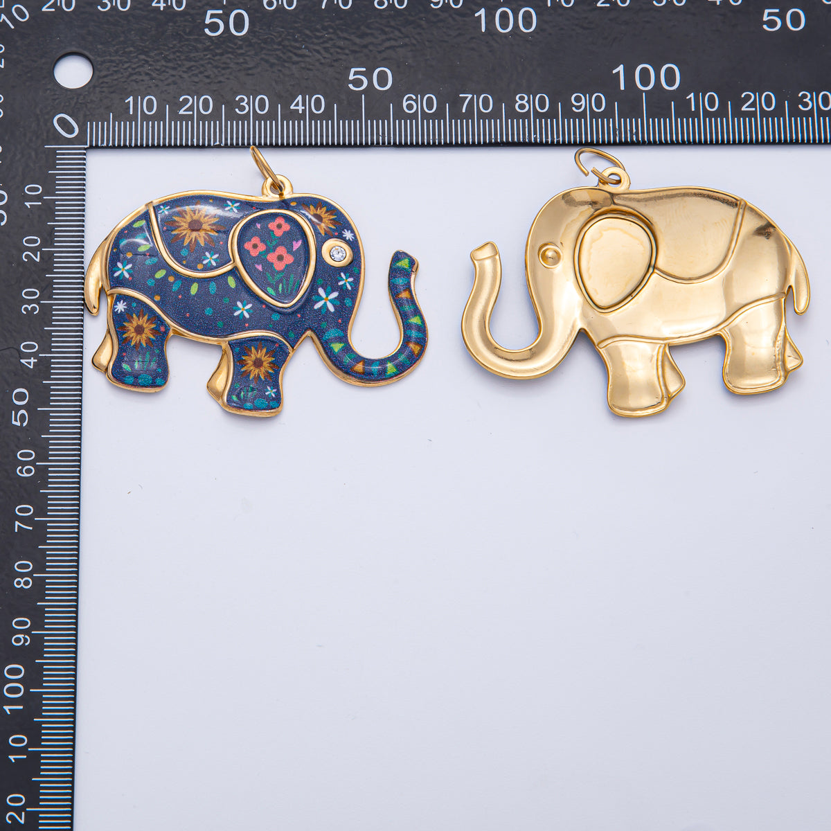 Stainless Steel 46mm Blue Flower Enamel CZ Elephant Statement Charm | J898