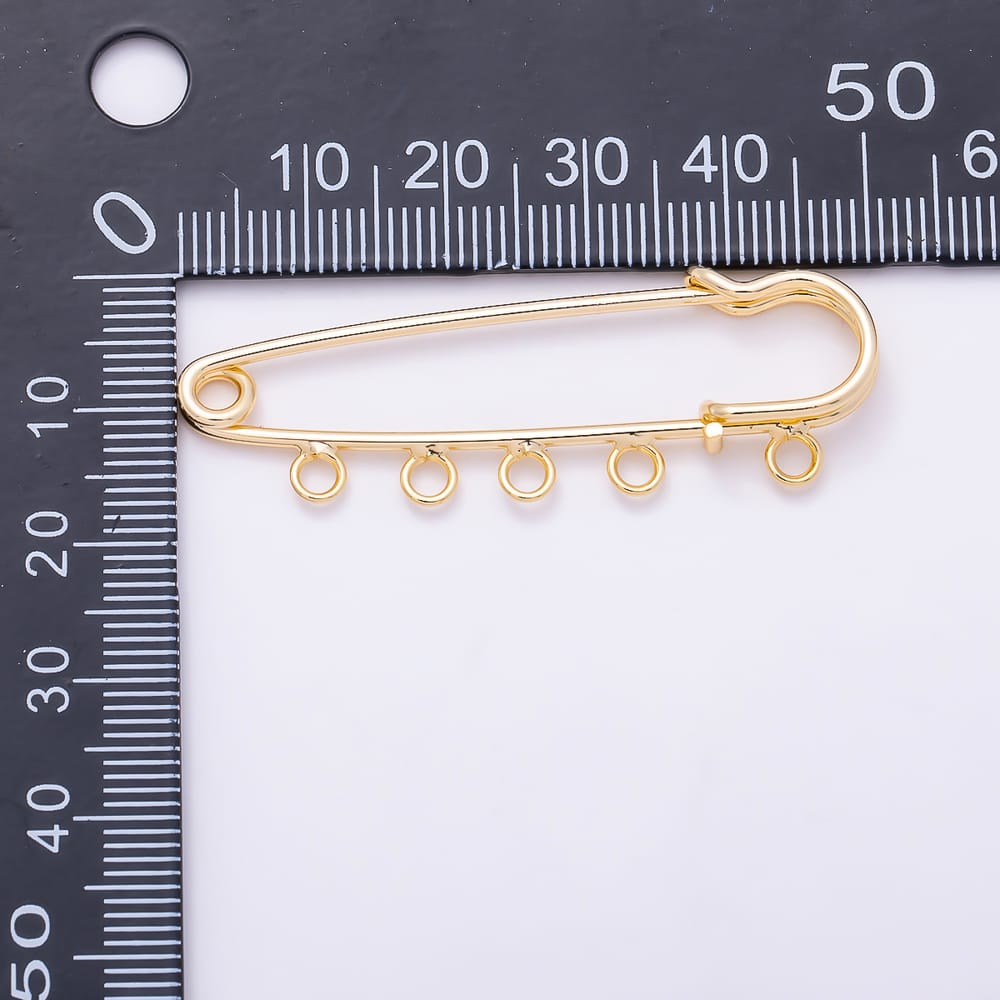 16K Gold Filled 50mm Minimalist Five Loops Safety Pin Brooch Bag Charm Findings | Findings-00190