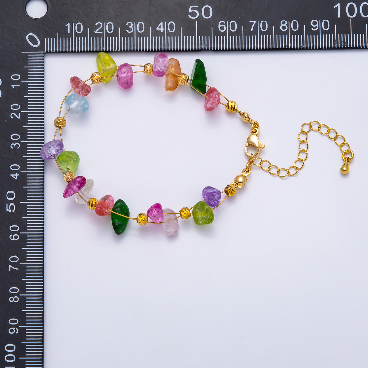 18K Gold Filled 4mm Pebble Chip Natural Gemstone Ball Bead Chain 7 Inch Bracelet w. Extender | WA-04417 ~ WA-04420
