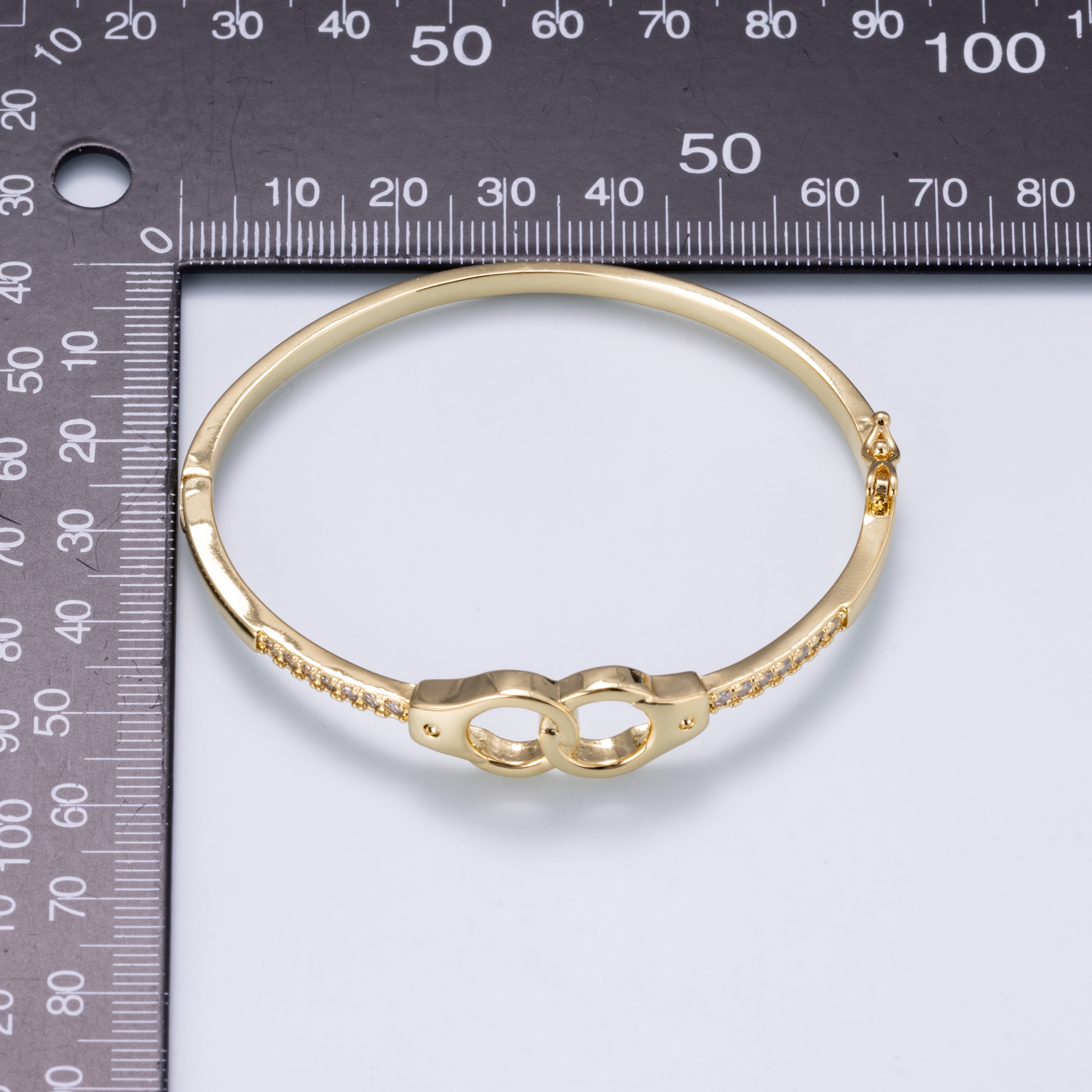 24K Gold Filled 3mm Interlock Handcuff Micro Paved CZ Bangle Bracelet | WA-04742